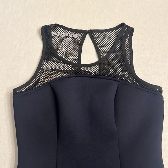 NWT Narces Navy Blue Neoprene Fit & Flare Dress with Mesh Top - Picture 3 of 6